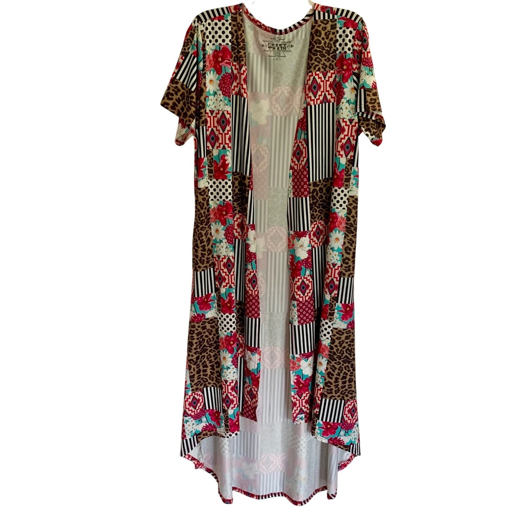 Crazy Train Medium‎ Duster Cardigan Multicolor Patchwork Leopard Floral Pockets